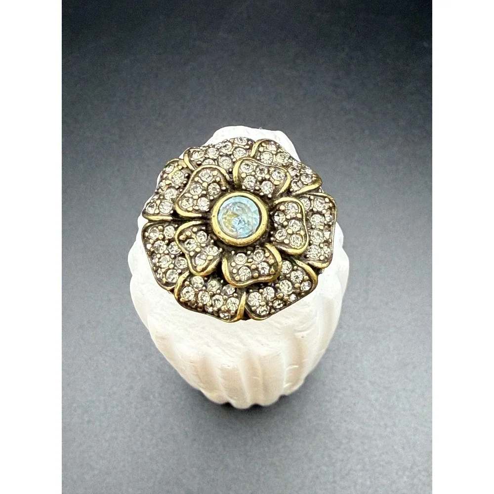 Heidi Daus Crystal Flower Cocktail Ring Bronze Tone Blue Center Stone Size 8